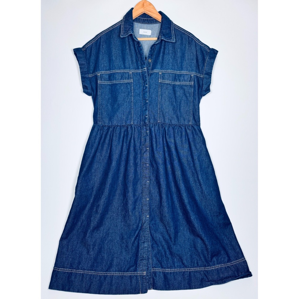 MAYE Denim Midi Shirt Dress Large Blue Cotton Button Front Utility Pocket